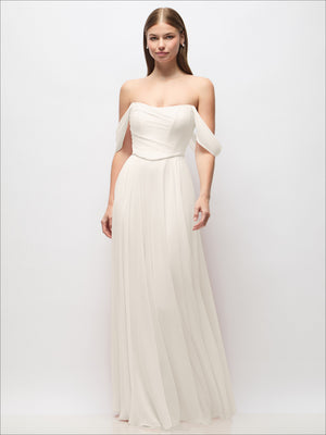 Ivory off-shoulder corset chiffon maxi dress, full front view with pleated skirt