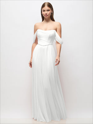 White off-shoulder basque corset chiffon maxi dress, gathered bodice and flowy skirt