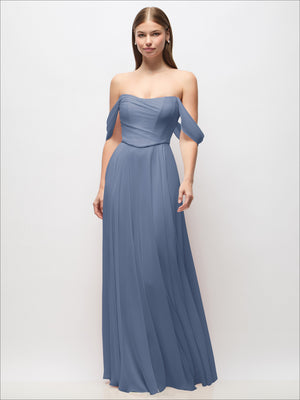 Dusty blue off-shoulder basque corset chiffon maxi dress with draped short sleeves