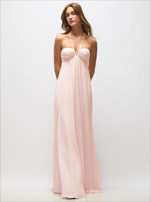 Blush chiffon maxi dress with ruched halter bodice and convertible spaghetti straps