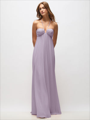 Lavender chiffon halter maxi dress with ruched bust and convertible spaghetti straps
