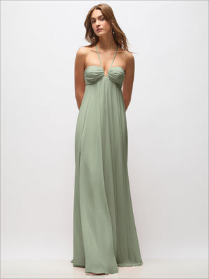 Sage green chiffon halter maxi dress with gathered empire waist and spaghetti straps