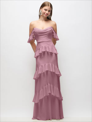Off-the-shoulder cowl chiffon maxi dress, dusty pink, layered ruffle skirt and off-shoulder drape