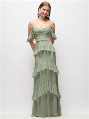 Sage green off-the-shoulder cowl maxi dress with tiered ruffle layers and flutter sleeves