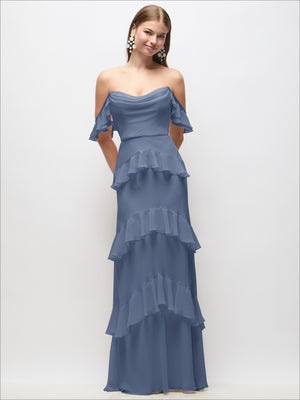 Dusty blue off-the-shoulder cowl chiffon maxi dress with tiered ruffle skirt
