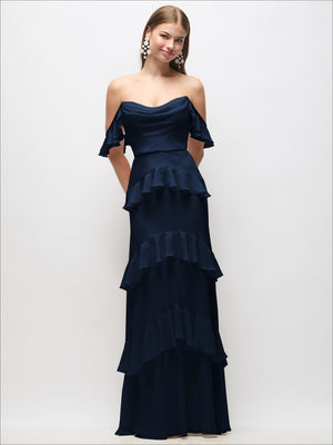 Off-the-shoulder cowl tiered ruffle maxi dress in dark navy blue with ruffled straps