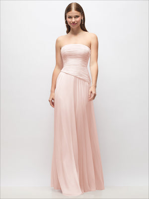 Blush pink strapless chiffon maxi dress with ruched bodice and draped waist detail.