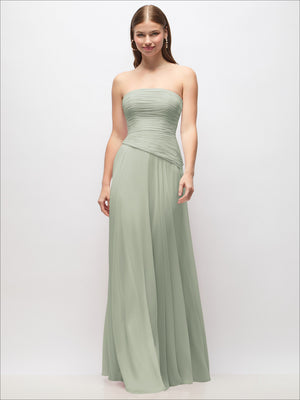 Strapless chiffon maxi dress in sage green, front view with ruched bodice and asymmetrical ruched drop waist.