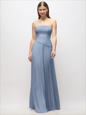 Light blue chiffon maxi dress, strapless smocked ruched bodice with asymmetrical drop-waist detail