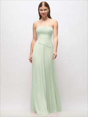 Strapless chiffon maxi dress in sage green, front view with ruched bodice and asymmetrical drop waist.