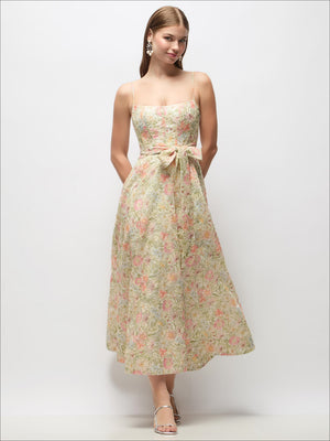 Floral corset midi dress with bow sash, boned bodice, and spaghetti straps