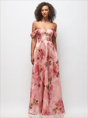 Strapless floral organza maxi dress with off-shoulder swags and fitted bustier bodice