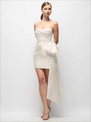 Ivory strapless satin mini dress with pleated drape and long tail bow