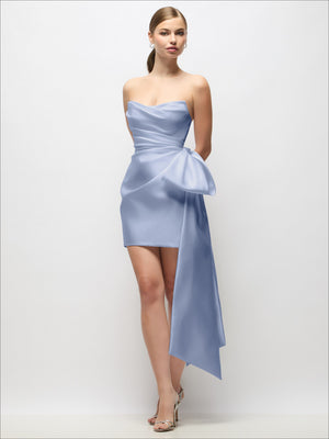 Periwinkle blue strapless satin mini dress with pleated bodice and long draped tail bow