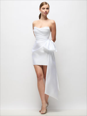 Strapless satin mini dress, white, draped pleats with long tail bow detail