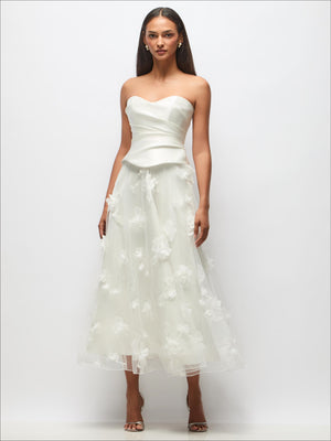 Strapless ivory dress with satin corset and floral tulle midi skirt