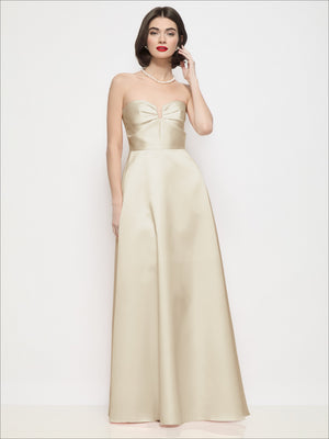 Champagne satin strapless maxi dress with bow-front bodice and flowing skirt