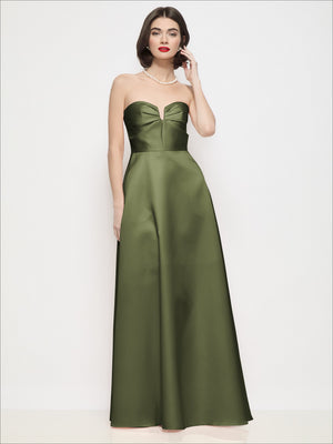 Olive green strapless satin maxi dress with structured sweetheart bodice and flared skirt