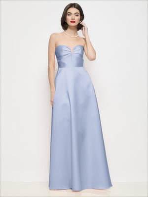 Light blue strapless satin maxi dress with sweetheart neckline and bow at bust