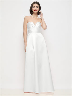 Strapless satin maxi dress with U-wire bodice and pleated semicircle skirt in white, front