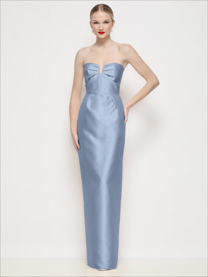 Light blue strapless satin maxi column dress with pleated bust and boned bodice