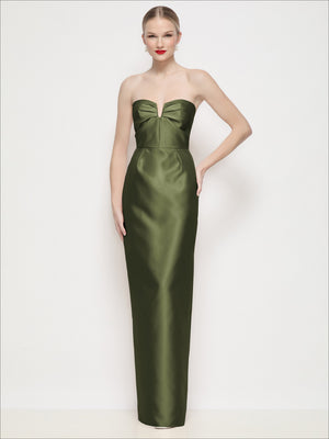 Strapless satin column maxi dress with U-wire bodice, pleated bust, olive green