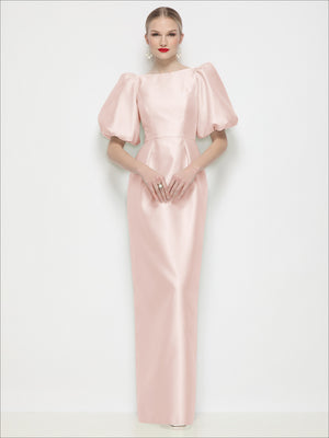 Satin column maxi dress with bateau neckline and puff sleeves, blush pink, front view