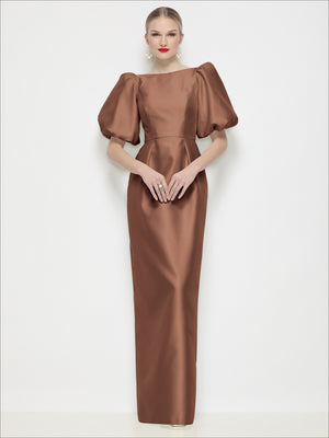 Chocolate brown satin column maxi dress with bateau neck and puff sleeves