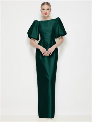 Dark green satin column maxi dress with bateau neckline and puff sleeves