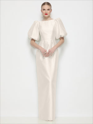 Ivory satin column maxi dress with puff sleeves and bateau neckline, front view
