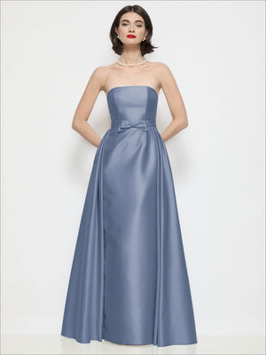 Strapless satin column dress with bow-waist overskirt, dusty blue, front