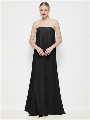 Strapless shirred chiffon maxi dress, black tone, strapless bandeau neckline, full length