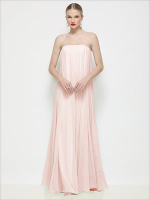 Blush strapless shirred chiffon maxi trapeze dress with gathered bodice