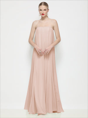 Blush strapless shirred chiffon maxi dress, front view with gathered bodice and full-length skirt