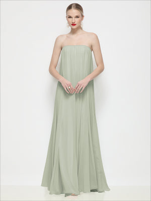 Strapless shirred chiffon maxi dress in sage green with gathered bodice, front view.