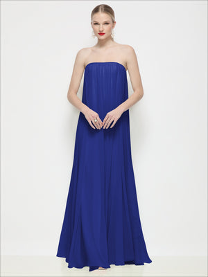Blue strapless shirred chiffon maxi trapeze dress with gathered bodice