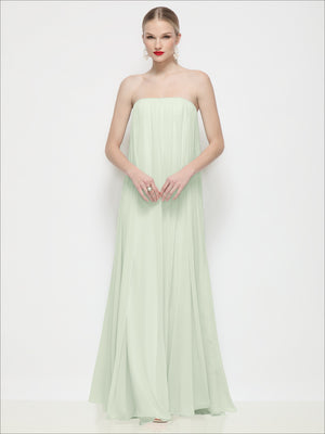 Light mint green strapless shirred chiffon maxi dress with trapeze silhouette, front view