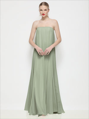 Sage green strapless shirred chiffon maxi dress with trapeze silhouette, front view