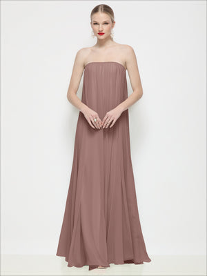 Blush mauve strapless shirred chiffon trapeze maxi dress, front view