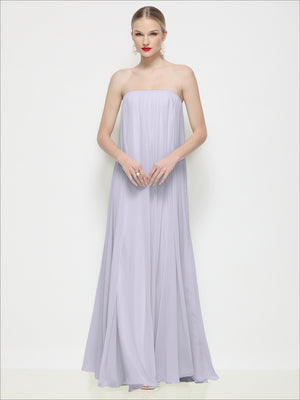 Strapless shirred chiffon maxi dress, pale lavender tone, strapless bodice, full length