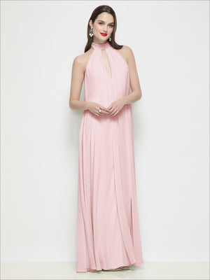 Pink chiffon halter trapeze dress, shirred neck and softly pleated skirt