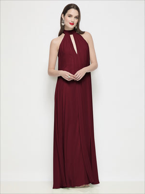 Burgundy halter trapeze chiffon dress with shirred bodice and keyhole neckline