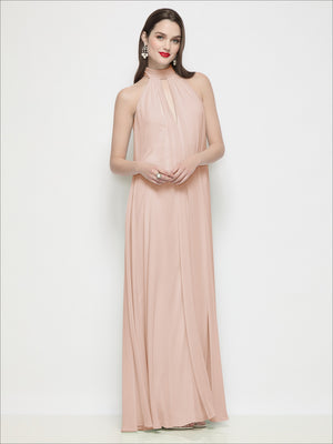 Slip-on shirred chiffon halter dress, dusty pink, halter neckline and gathered skirt length.