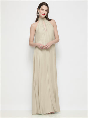 Women’s shirred chiffon halter trapeze dress, ivory, sleeveless keyhole neckline, maxi