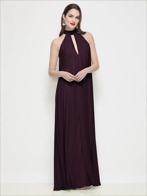 Burgundy slip-on halter trapeze dress with shirred chiffon bodice