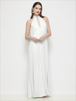 White shirred chiffon halter trapeze slip-on dress with draped V neckline
