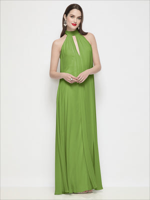 Green slip-on halter trapeze chiffon dress with shirred bodice and keyhole