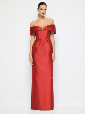 Red satin off-the-shoulder column maxi dress with pleated cuff