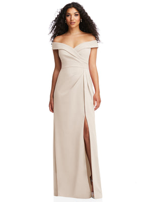 Oat off-the-shoulder pleated faux wrap maxi dress with side slit