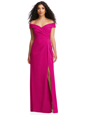 Pink off-the-shoulder maxi dress with faux wrap drape and side slit